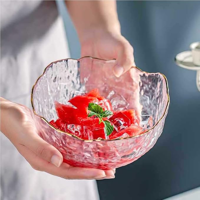 3-Pack Glass Bowls for Kitchen Prep, Nesting Space Saving Set of Bowls, Pink Crystal Bowl Set, Irregular Shape Glass Bowl For Salad,Ice Cream, Cereal,Dessert, Freezer Safe (Light Pink)