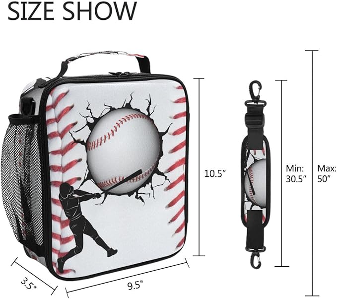 Sport Baseball Lunch Box for Kids Boys Girls, Cooler Insulated Lunch Tote Bag with Adjustable Strap for School Daycare