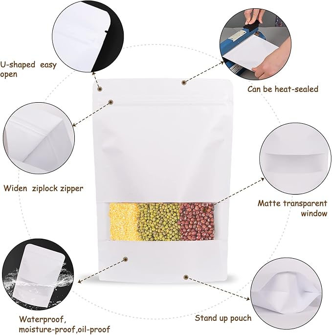 100pcs Kraft Bags with Window 5.9x8.6 Inches White Reusable Sealable Ziplock Food Storage Stand up Paper Pouches for Home or Business