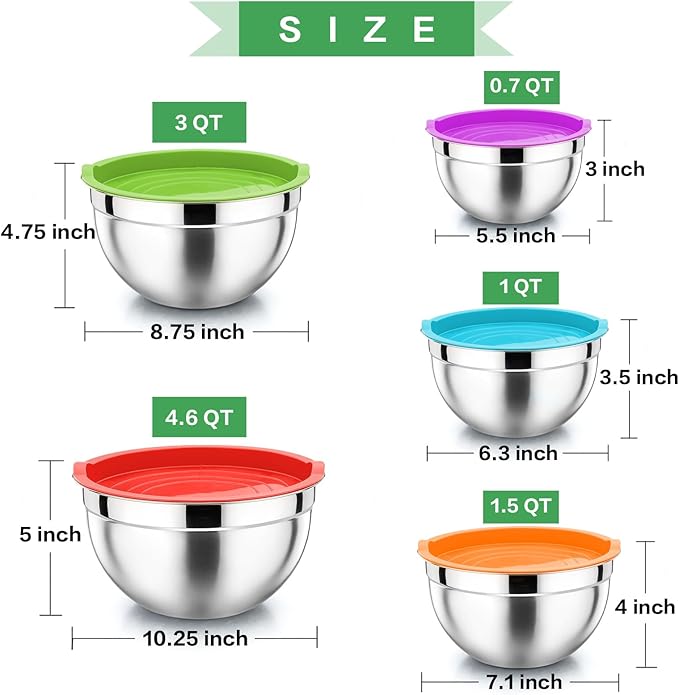 P&P CHEF Mixing Bowl with Lid Set of 5, 10-Piece Stainless Steel Nesting Salad Bowl Set for Prepping, Mixing and Serving, Size 4.6, 3, 1.5, 1, 0.7 QT, Rimmed Edges & Flat Base, Multicolor