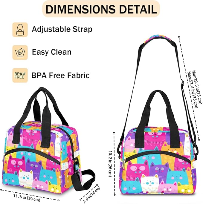 Pardick Insulated Lunch Bag for Women Men Large Cute Rainbow Cat Head Thermal Cooler Lunch Box Durable Tote Bag with Adjustable Shoulder Strap for Work School Office Travel Girl Boy Meal Prep Bag