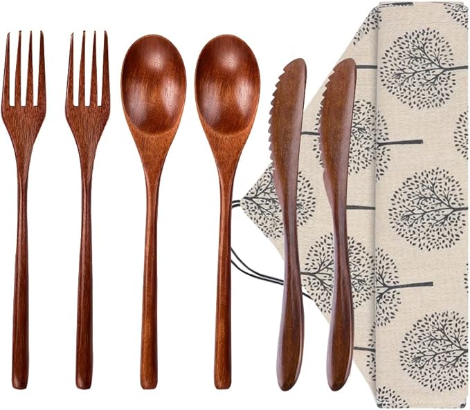 Wooden Spoon Fork Knife Eating Flatware Set Portable Utensil Set with Case, Reusable Wooden Cutlery Travel Utensils Set, 2 Spoons and 2 Forks and 2 Knives (Color 2)