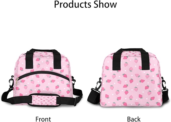 Pardick Pink Strawberry Insulated Lunch Bag Polka Dot Lunch Box for Women Girl with Shoulder Strap Tote Bag Reusable Large Containers Meal Prep for School Work Travel Picnic Thermal Cooler Bag