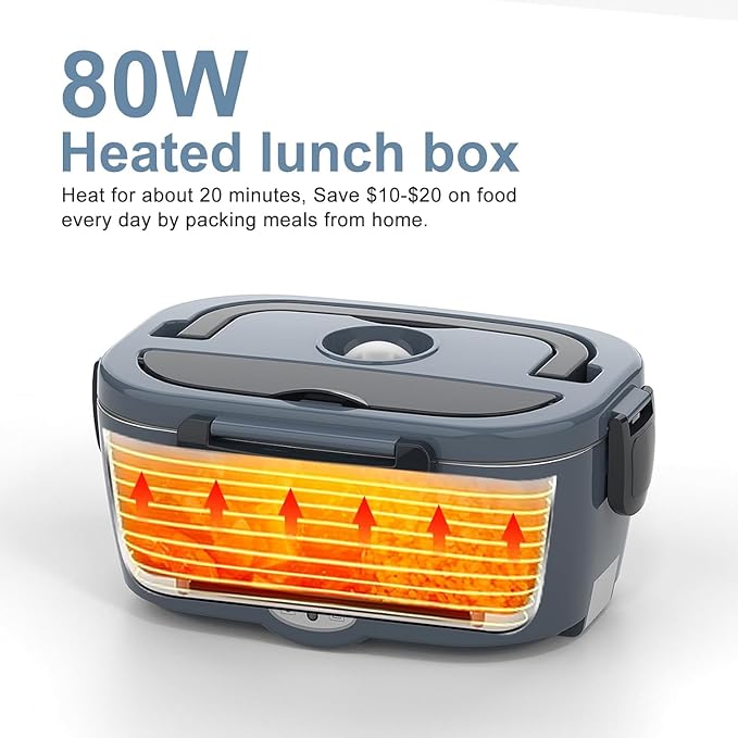 Electric Heated Lunch Box for Car, Truck, Home – 1.5L 60-80W Portable Food Warmer with 12V/24V/110V Plug Stainless Steel Leakproof Container – Hot Meal Solution for Work, Travel, Jobsite, Camping