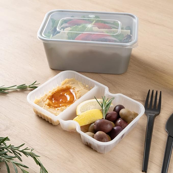 Restaurantware TRAYS ONLY: Futura 10 Ounce Trays For Meal Prep Containers 100 Microwavable Trays For 32 Or 37 Ounce Containers - Containers Sold Separately 2 Compartments White Plastic Food Trays
