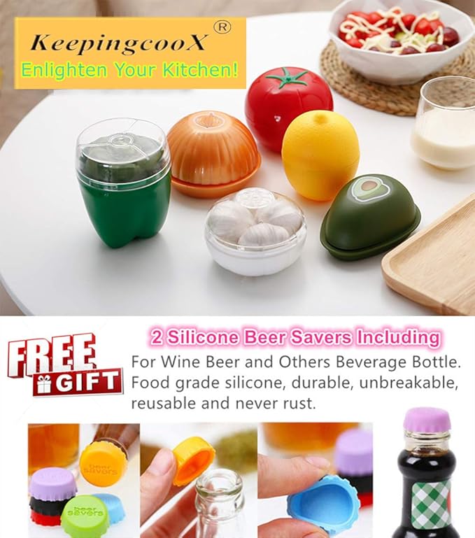 Onion, Tomato, and Avocado Keepers + Avocado Slicer/Cutter Set, Vegetable Shaped Food Savers, 2 Silicone Reusable Beer Saver Caps as Gift