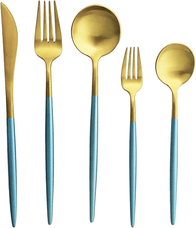 Silverware Set, Hand polished Matte Gold Blue Flatware Cutlery Set Service for 2, Satin Finish 10 Pieces 18/10 Stainless Steel Utensils Set for Home and Restaurant, Dishwasher Safe
