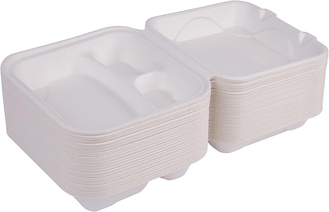 ECO PRODUCTS Compostable Vanguard 8" Clamshell To Go Containers, Case of 200, 3 Compartment, Square Take Out Food Box, White Renewable Molded Fiber, No-Added PFAS, ASTM Compliant, BPI-Certified