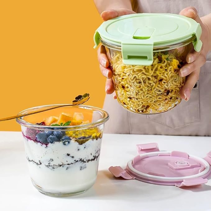4 Pack Round Glass Soup Storage Set, 3 Cup Food Containers With Airtight Lids for Leftovers, BPA-Free, Microwave, Freezer and Dishwasher Safe
