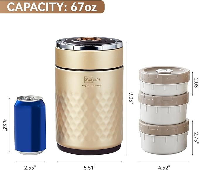 67 ozAdults Stainless Steel Vacuum Insulated Wide Mouth Soup Food Thermos Hot Food Jar with Keep Thermal Portable 3 Tier Stackable Bento Hot Food Containers Lunch Boxes (Gold)