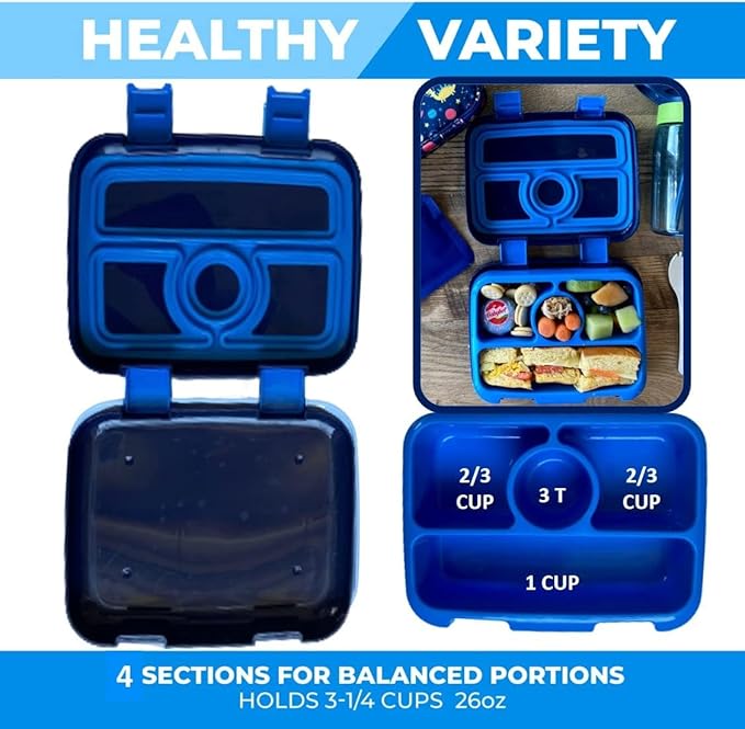 Bento Lunch Box for Kids with Stainless Steel Thermal Food Jar for Hot Food Soup, Insulated Lunch Bag and Ice Pack Set, Lunch Container Boxes with 4 Compartments, Blue Rocket Dinosaur