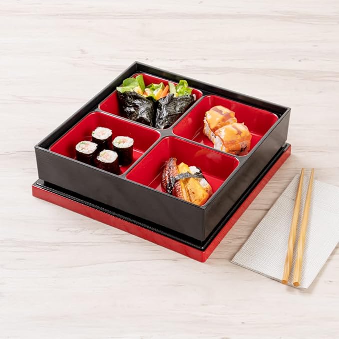 Restaurantware-10 x 2.4 Inch Compartment Lunch Container, 1 Japanese Style Adult Lunch Container - With 4 Compartments, Greaseproof, Black & Red Plastic Divided Lunch Box, For Hot & Cold Food