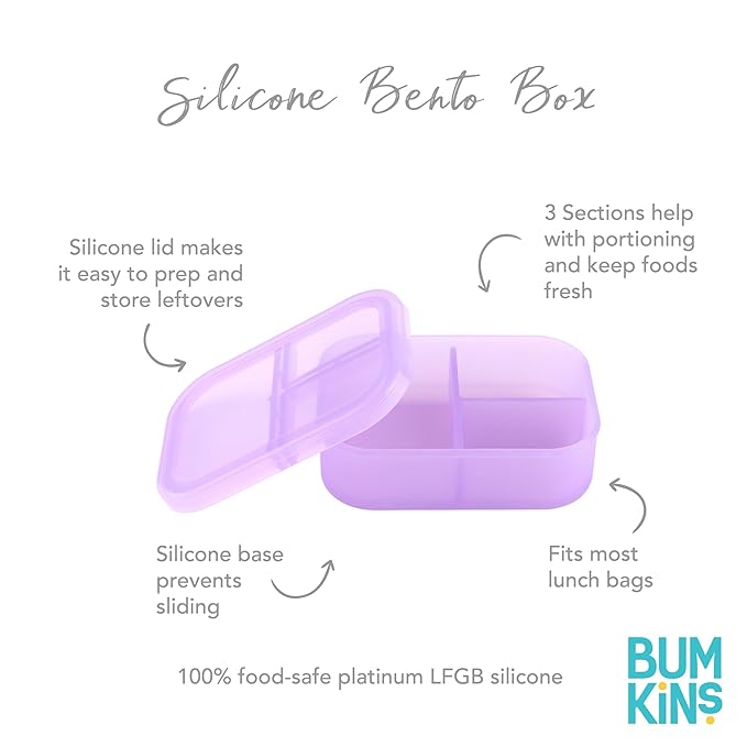 Bumkins Snack/Lunch Bento Box for Kids and Adults, 3 Compartment Container, Leak Proof Lid, for Portioning, Large Section Can Hold Sandwich, Food-Safe LFGB Platinum Silicone, Microwave-Safe, Purple