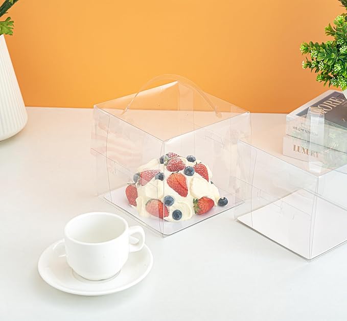 15 Pcs 7x7x6 Inch Clear Cake Boxes with Handle & Cake Boards, Easy Carrying Plastic Cake Containers, Cake Holder Carriers for Birthday Christmas Birthday Wedding, Party, Gift
