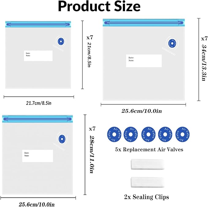 Sous Vide Bags 28Pcs, BPA Free Reusable, with Air Valve, Double-Layered Food Storage for Cooking, Food Storage, and Microwave Heating. 3 Size 21 Vacuum Zipper Bags, 2 Seal Clips, and 5 Air Valves.