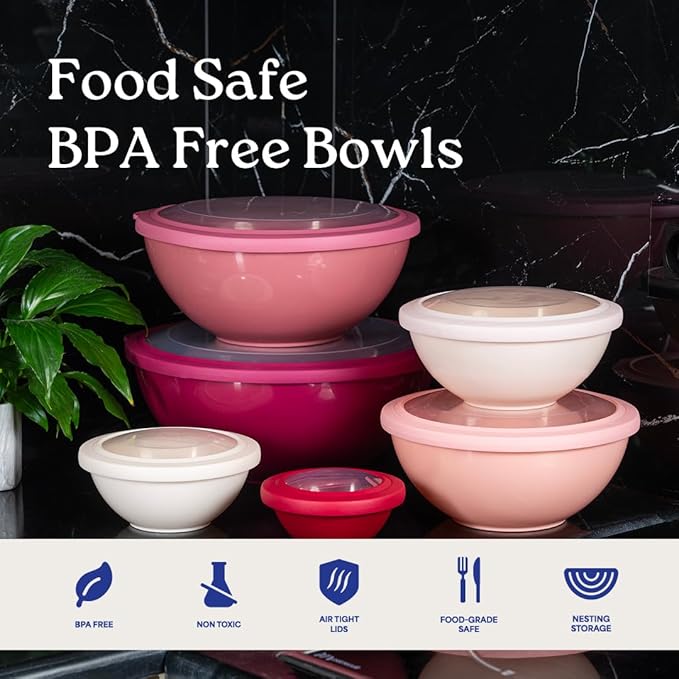 WHYSKO Mixing Bowl Set, 12 Piece Colorful Plastic Mixing Bowls with Lids Set for Food Prep Storage and Serving, Dishwasher Safe Microwave Safe for Kitchen Baking Cooking