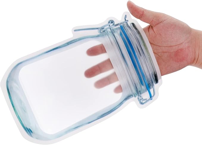 Jucoan 50 Pack Large Wide Mouth Mason Jar Zip Snack Bags, Reusable Airtight Leakproof Plastic Food Storage Zipper Saver for Home Kitchen Freezer Camping Travel Picnic