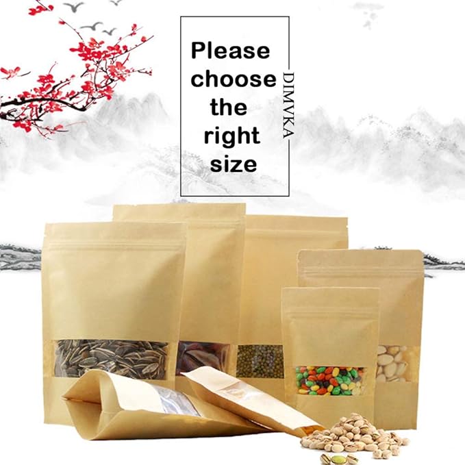 100 Pcs Resealable Stand Up kraft Paper Bags with Window for Packaging Products, Reusable Zip Lock Food Storage Pouch Bags (6.7" x 9.4")