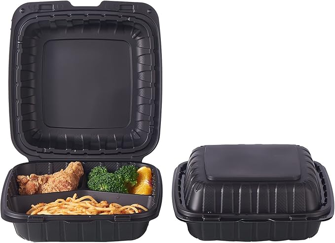 FULING [8x8-Inch, 50 Pieces, 3-Compartment Disposable To Go Box Containers, Plastic Clamshell Takeout Food Trays, Microwave Safe, Cut Resistantstable Hinged Lid, Hybrid Polypropylene, Black