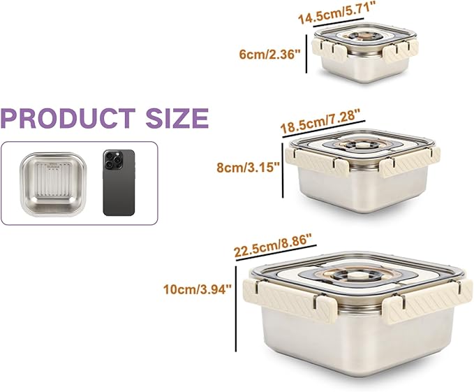 3PCS Stainless Steel Food Storage Containers with Lids Airtight Reusable Meal Prep Containers with Handle Date Tracker, Leftover Lunch Box Containers Dishwasher Oven/Freezer Safe Except Lid
