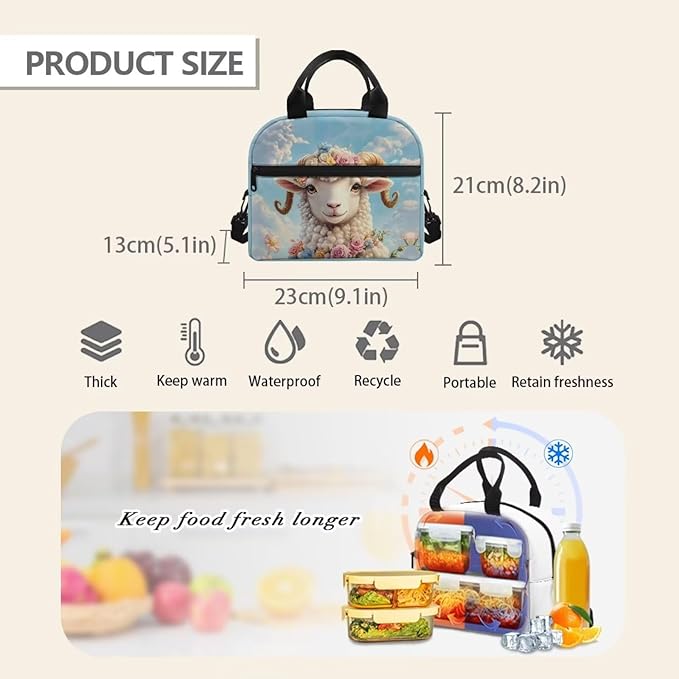 Showudesigns Goat Lunch Bag for Kids Girls Lunch Boxes for School 10-12 Lightweight Bento Cooler Bag Cute Insulated Lunchbox Container Picnic Bags Crossbody Purse Blue