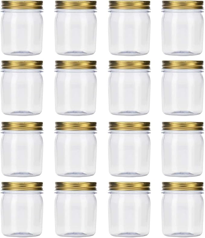 Novelinks 8 Ounce Clear Plastic Jars with Gold Lids - Refillable Round Containers, Storage Containers for Kitchen & Household - BPA Free (16 Pack)