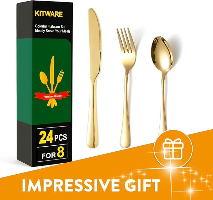 24 Pieces Knifes Forks Spoons Set for 8, KITWARE Gold Silverware Set, Flatware Stainless Steel for Lunchbox, Mirror Polished Cutlery, Kitchen Travel Utensils Set Outdoor Camping Picnic