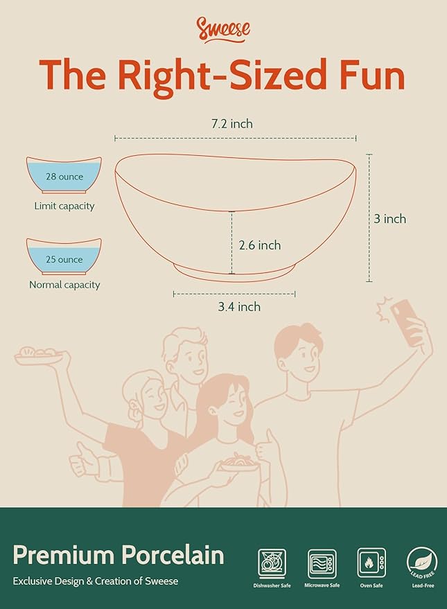 Sweese 7 Inch Porcelain 28 oz Bowls Set of 6, for Soup | Cereal | Pasta | Salad | Ramen | - Microwave, Dishwasher, and Oven Safe - White