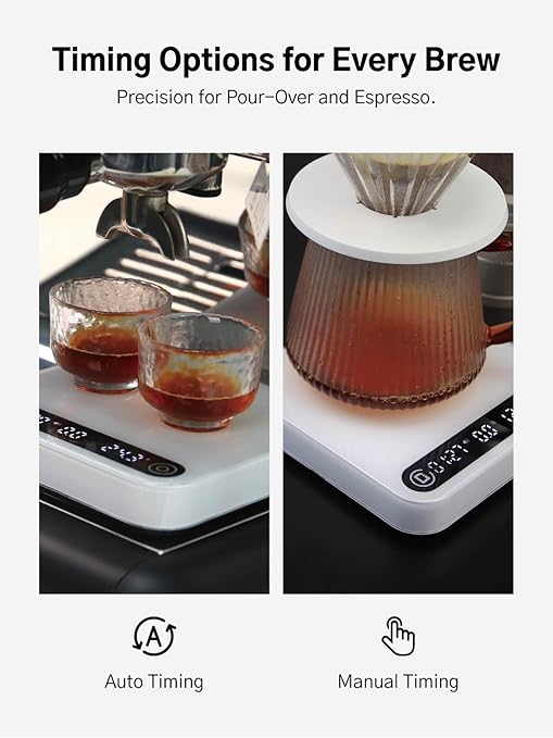 Digital Coffee Scale with Timer and Flow Rate Tracking, 0.1g Precision, 2kg Capacity, Rechargeable, Smart App Compatible, Ideal for Espresso and Pour Over Brewing