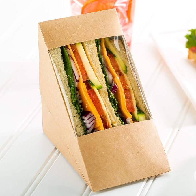 Restaurantware Cafe Vision 4.8 x 3.2 Inch Sandwich Paper Boxes, 200 Large Sandwich Wedge Boxes - With Window, Disposable, Kraft Paper Triangle Sandwich Containers, Grease-Resistant Lining