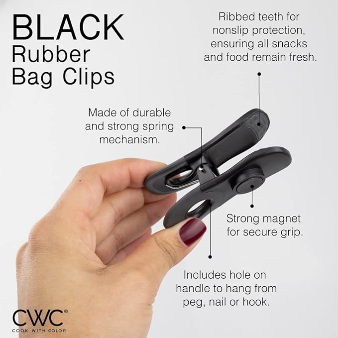 COOK WITH COLOR Cute Bag Clips - Magnetic Food Clips for Bags - Airtight Seal for Food Storage, Black, Pack of 10