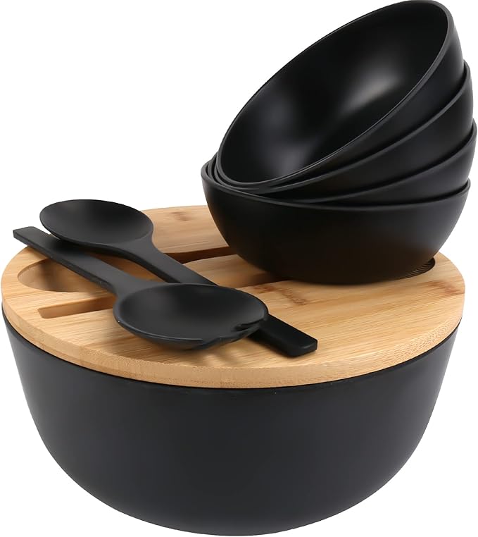 ShineMe Salad Bowls, Large Salad Bowl with Lid and Servers, Bamboo Salad Bowl Set with 4Pack Small Serving Bowls, 9.8inches Solid Kitchen Bowl for Fruits, Vegetables and Pasta...(Black)