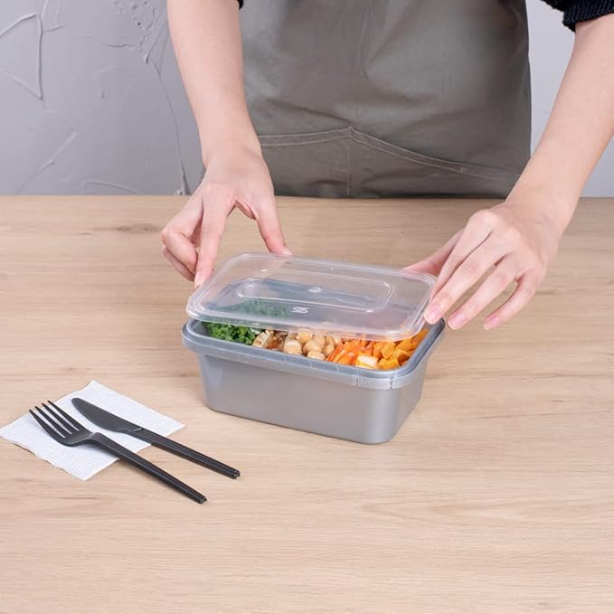 Restaurantware Futura 34.5 Ounce Meal Prep Containers With Lids 100 Tamper-Evident To Go Containers - Microwavable Disposable Silver Plastic Food Containers With Lids For Take Out or Lunches