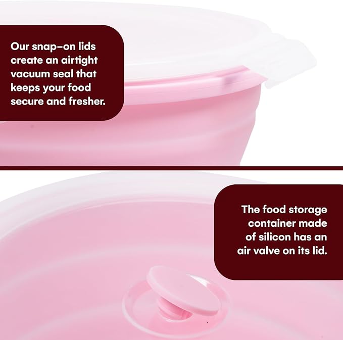 Vdomus Collapsible Food Storage Containers - Leak Proof, Microwave Safe - 40.5oz/1.2L Airtight Silicone Food Containers - Meal Prep Collapsible Bowls with Lids - Set of 3 - Pink