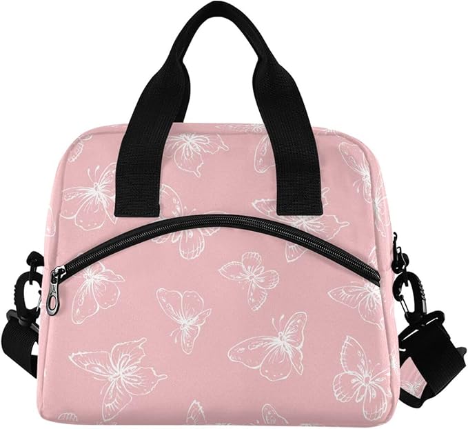 Pink Butterfly Lunch Bag for Man and Women Water-Resistant Fabric Lunch Box, Portable Insulated Meal Tote with Front Pocket