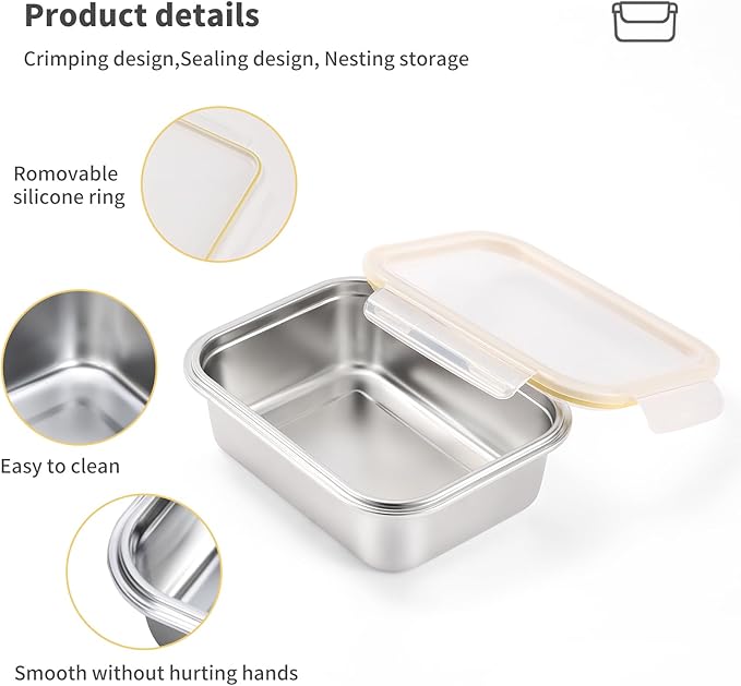 18/8 Stainless Steel Food Storage Containers, Meal Preparation Container Set, Baking Pan, Leak Proof Stackable Light and Easy Storage, Metal Set of 5 (2PC 21oz/2PC 43oz/1PC 169oz)
