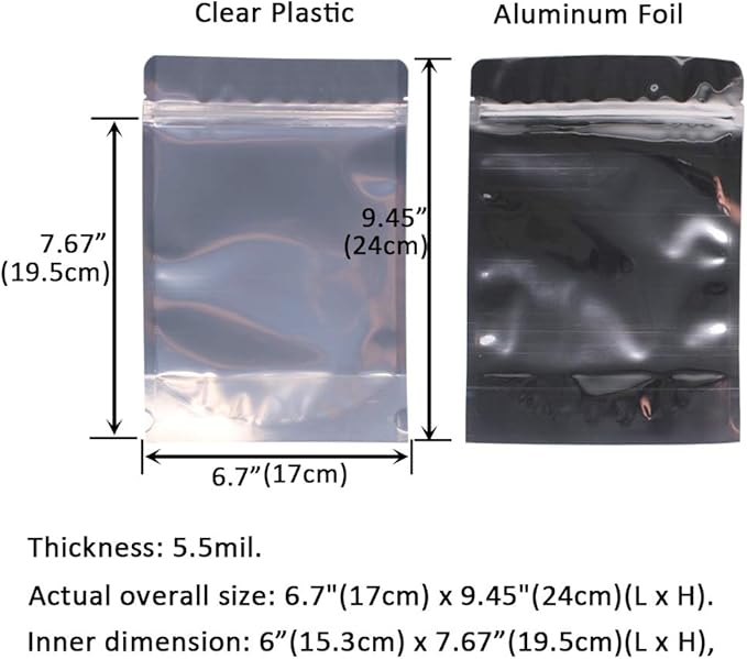 100 Pack 6.7 x 9.45 Inch Stand Up Pouch Bags Zipper Mylar Bags Clear Front with Aluminum Foil Back Reusable Food Storage Bags for Multipurpose with Gusset Bottom(5.5mil Thickness)