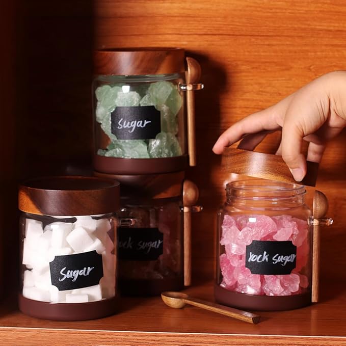 SAIOOL High Bprosilicate Glass 4 Pack Spice Jars with Label and Spoons,Overnight Oats Containers with Acacia Airtight Lids,Glass Food Storage Jars, Coffee Bar (Acacia 12 OZ*4)