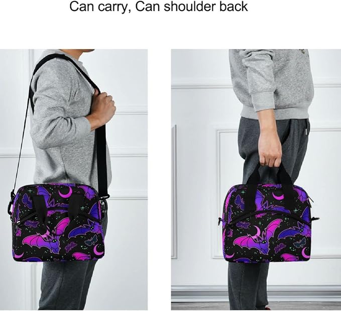 MNSRUU Insulated Lunch Bag - Purple Bat Gothic Lunch Box with Adjustable Shoulder Strap - Reusable, Leakproof Cooler Bag for Work, School