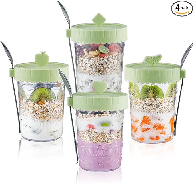 4 Pack Glass Overnight Oats Containers with Lids and Spoons, 20 oz Overnight Oats Jars, Glass Meal Prep Jars for Parfait, Breakfast, Yogurt, Fruit, Fridge Dishwasher Safe (Green)