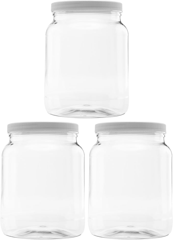 3 Pack of 64 Ounce Plastic Half Gallon Jars with 110/400 Leak Proof Seal Lid - Food Grade and BPA Free (64oz, 3pk)