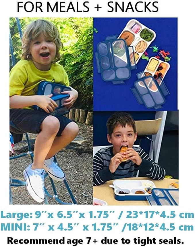 kinsho Bento Lunch-Box Set for Kids includes Snack Container | 6 and 3 Compartment Boxes Leakproof School Bentos, Meal Portion Control Containers, Boys Girls Adults, Navy Blue Large + MINI 2 Pack Set