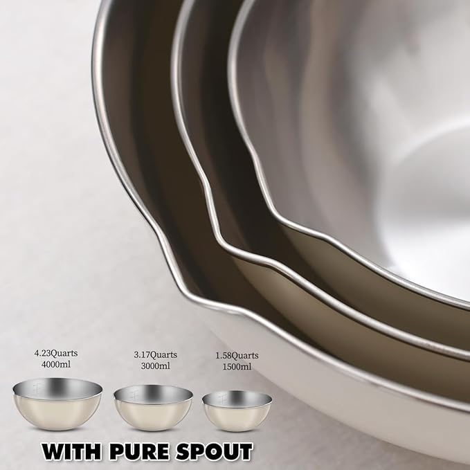 3-Piece Stainless Steel Mixing Bowl Set, Classic Beige Color, Nesting Bowls with Pure Spout, Multipurpose Kitchen Basket /1.56Quarts/3.17Quarts/4.23Quarts (Classic Beige)
