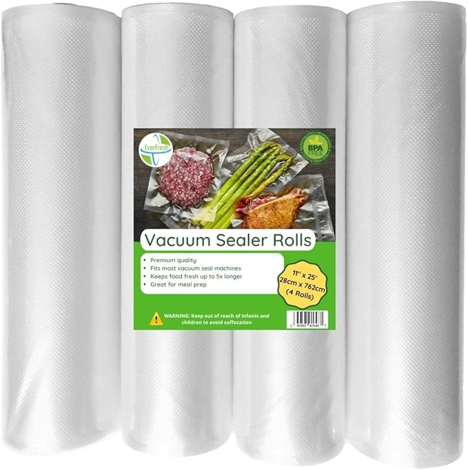 EverFresh 11" x 25' Vacuum Sealer Rolls-Vacuum Sealer Bags-Vacuum Sealer Machine-Food Sealer Bag-Rolls Compatible with FoodSaver Machines-4 Pack-15% thicker embossing than leading supplier.