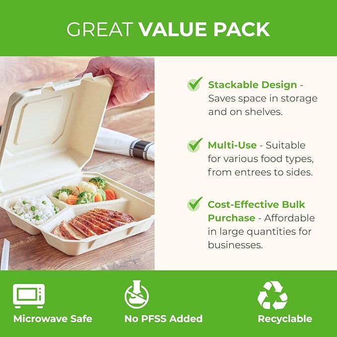 100 Pack Bagasse Clamshell Take Out Containers 9x9 | 3 Section | Heavy Duty To Go Clamshell Food Containers | Planet-Friendly and Compostable Bagasse Take Out Containers for Hot & Cold Food
