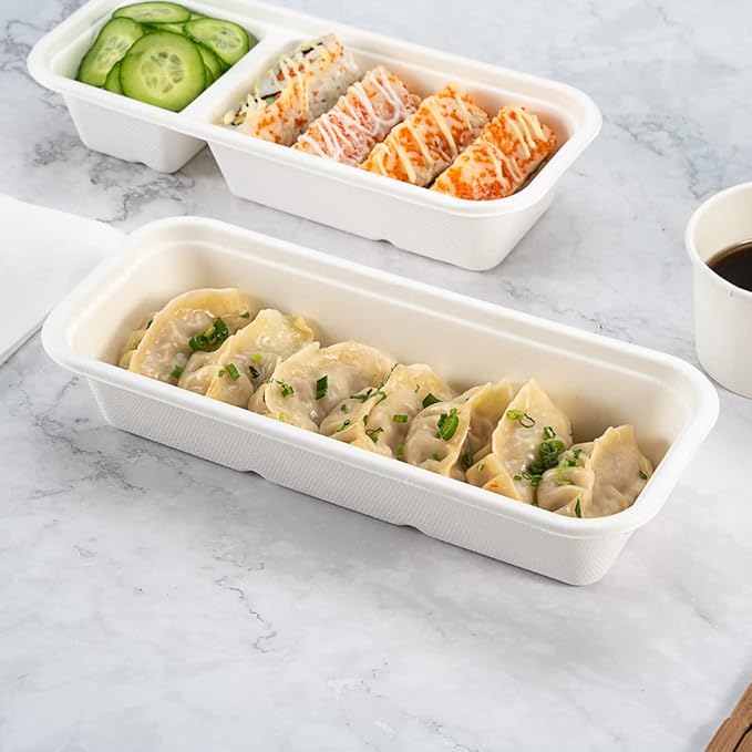 Restaurantware Pulp Tek 9.2 x 3.8 x 1.8 Inch Takeaway Food Boxes 100 Disposable Take Out Containers - Lids Sold Separately Freezable White Bagasse Catering Food Containers Microwavable