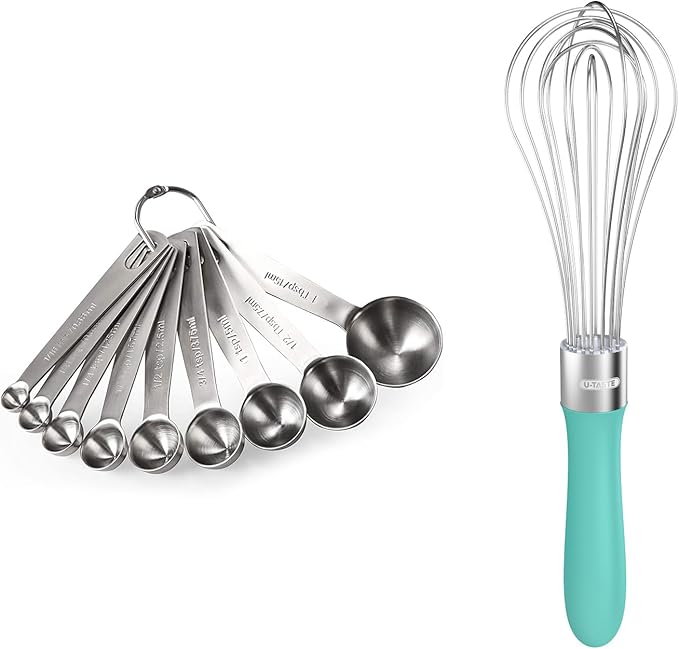 18/8 Stainless Steel Measuring Spoons Set for Dry and Liquid Ingredients (Set of 9), and 18/10 Stainless Steel Balloon Whisk for Kitchen Cooking with 8 Flex Wires (Aqua Sky)