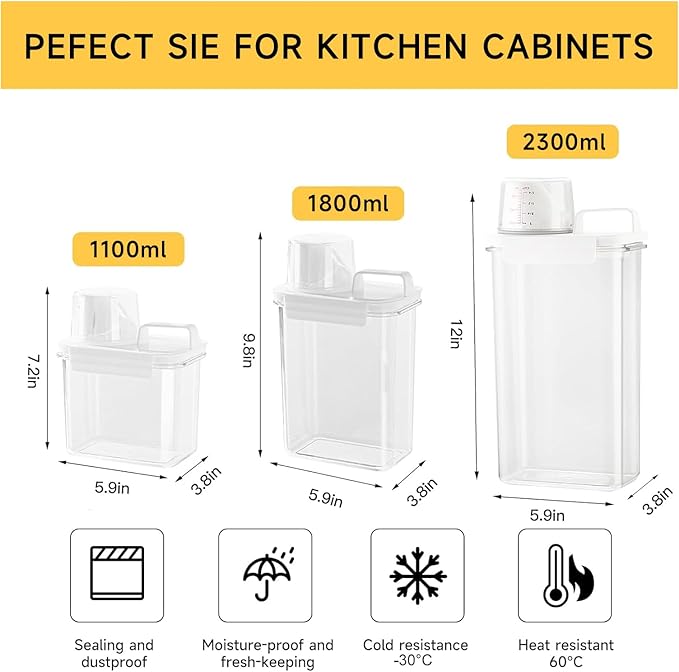 Storage Cereal Organizers Containers Sets , Food Grade BPA free PET Material Reusable,Airtight food storage containers with lids, kitchen organizers and storage Total(2 pcs 2300ml 2 pcs 1100ml)