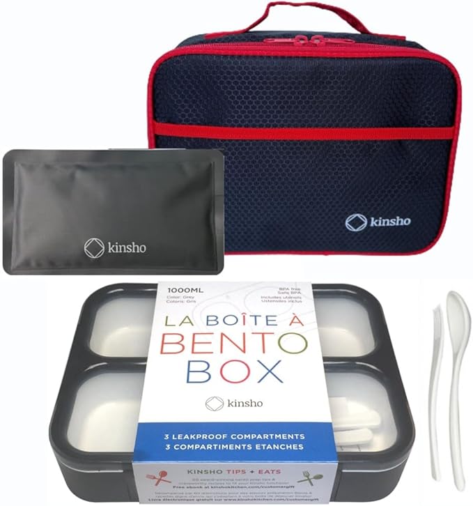 kinsho Bento Box with Insulated Lunch Bag and Ice Pack for Kids Container for Adults Snacks and Lunches. 3 Compartments, Leakproof Portion Boxes Japanese Style for School or Work, Grey - Black