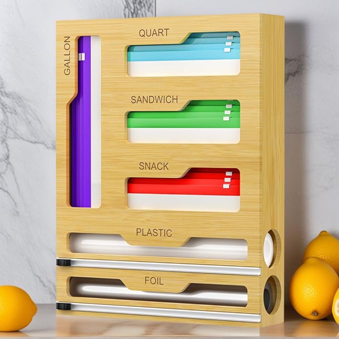 Bag Storage Organizer for Kitchen Drawer, 6 in 1 Foil and Plastic Wrap Dispenser with Cutter, Bamboo Plastic Bag Food Baggie Organizer for Gallon, Quart, Sandwich, Snack